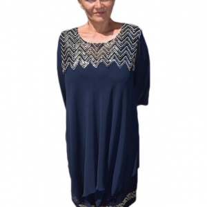 Rochie de ocazie, bleumarin, vaporoasa, din voal si dantela argintie