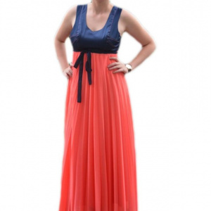 Rochie de ocazie, frumoasa, combinatie de corai cu bleumarin, lunga