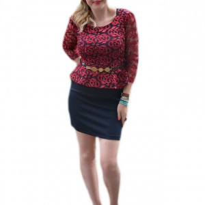 Rochie de seara , bleumarin cu dantela rosie, peplum in talie