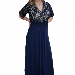 Rochie de seara lunga, masura mare, din voal si dantela bleumarin