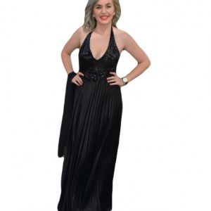 Rochie de seara lunga neagra, cu insertii de paiete in partea de sus