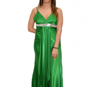Rochie de seara lunga, verde, decolteu in V, bretele subtiri
