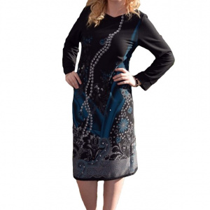 Rochie de toamna-iarna cu maneca lunga, nuanta de negru-turcoaz