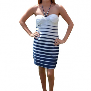 Rochie de vara, lejera, cu bretele subtiri, dungi alb-bleumarin