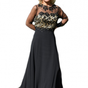 Rochie lunga de seara cu broderie florala 3D, culoare neagra