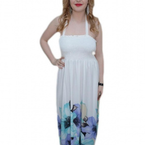 Rochie lunga de vara, culoare alba, design floral in partea de jos