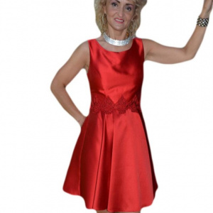 Rochie moderna de seara cu pliuri mari in talie, culoare rosie