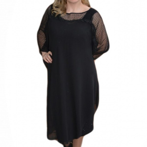 Rochie neagra de ocazie, din material elastic lucios si voal peste