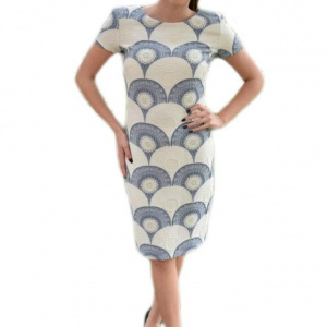 Rochie rafinata de zi cu imprimeu bleumarin-bej in tesatura