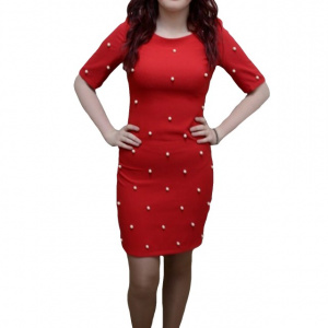 Rochie tinereasca, de culoare rosie, perle albe aplicate