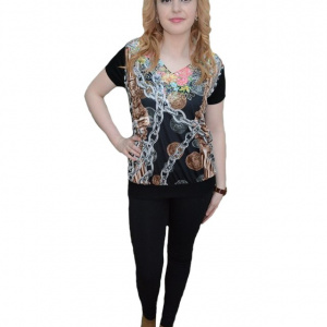 Tricou cu strasuri fine aplicate, nuanta de negru, decolteu in V