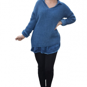 Bluza casual Ioana din tricot cu guler,nuanat de bleumarin
