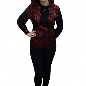 Bluza clasica, de culoare negru-rosu, cu dantela aplicata