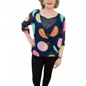 Bluza cu maneca lunga, pe fond bleumarin cu buline colorate