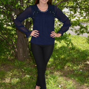 Bluza eleganta cu maneca din voal cu design plisat, bleumarin