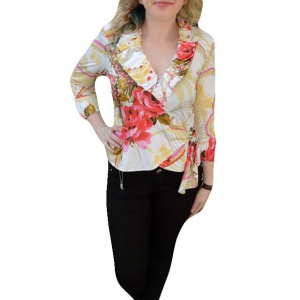 Bluza rafinata tip camasa, multicolora, cu maneca trei-sferturi