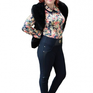 Pantalon bleumarin in tendinte cu insertie de piele ecologica