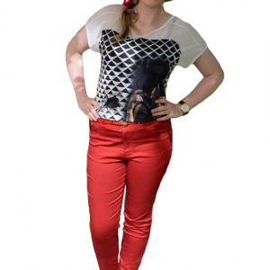 Pantalon lung de vara, rosu, material usor elastic, talie medie