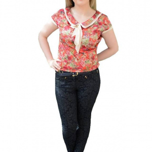 Pantalon vintage, nuanta de bleumarin, imprimeu abstract fin