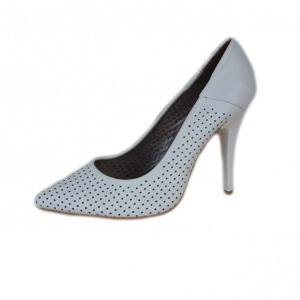 Pantofi albi din piele naturala, perforati, cu toc elegant inalt