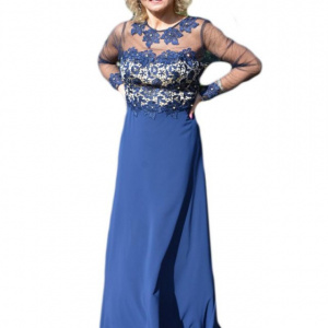 Rochie albastra de seara, model lung cu broderie florala cu strasuri