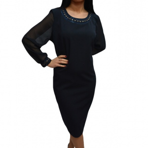 Rochie chic cu maneca din voal transparent si design de strasuri
