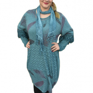 Rochie chic de dama cu croi lejer si maneca lunga, nuanta turcoaz