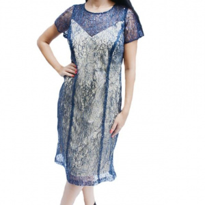 Rochie elegant de zi ,nuanta bleumarin-bej