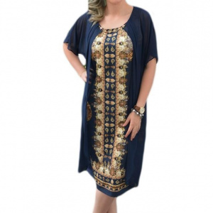 Rochie rafinata de zi, bleumarin cu imprimeu oriental in fata