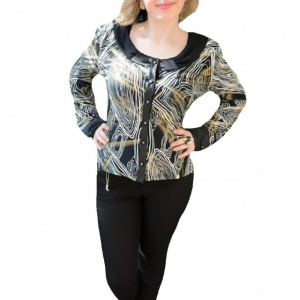 Bluza cu decolteu rotund, nuanta negru-alb, imprimeu abstract