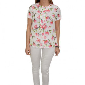 Bluza Gabriela, cu design de flori roz, pe fundal alb