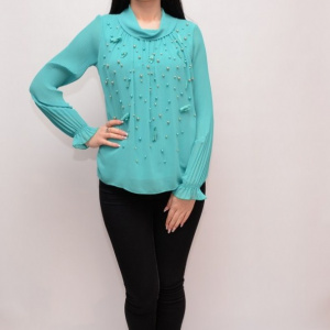 Bluza moderna cu maneca plisata si design de margele, turcoaz