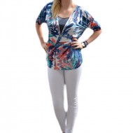 Bluza trendy cu insertie de fermoar in fata, design bleumarin-rosu