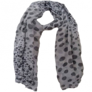 Esarfa chic cu design de buline si flori gri aplicate pe material alb
