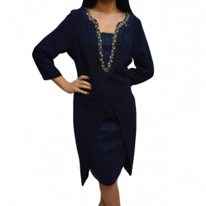 Rochie bleumarin pentru ocazii cu insertii de dantela si strasuri