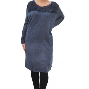 Rochie casual Leylla din tricot cu insertii de broderie,nuanta de bleumarin