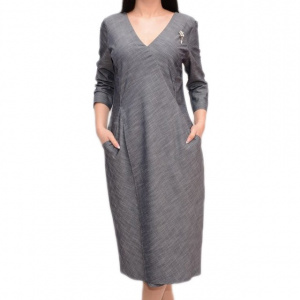 Rochie chic cu buzunare apretate si decolteu in V, nuanta de gri