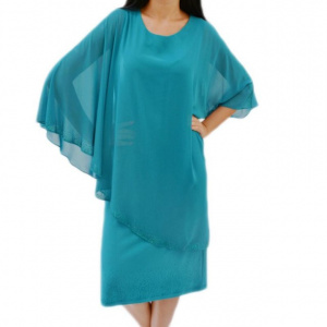 Rochie eleganta din material elastic si voal lejer aplicat, turcoaz