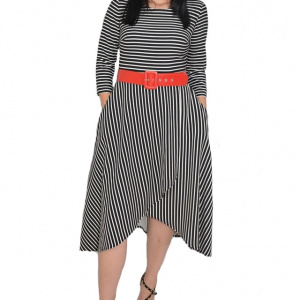 Rochie eleganta Serenity ,croi asimetric si model cu dungi,nuanta de alb-negru