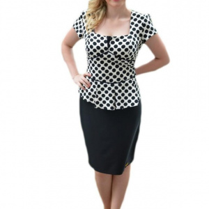 Rochie eleganta tip costum, de culoare negru-alb, cu buline mari