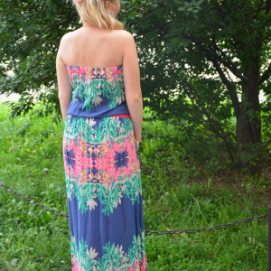 Rochie maxi, fara bretele, imprimeuri florale