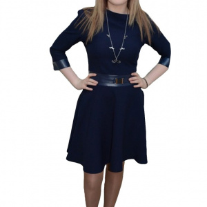 Rochie moderna, bleumarin, croi in tendinte cu piele ecologica