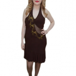 Rochie rafinata de gala, maro, cu insertie de material transparent