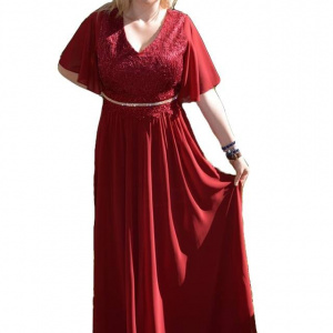 Rochie rafinata masura mare, nuanta marsala cu cristale in talie
