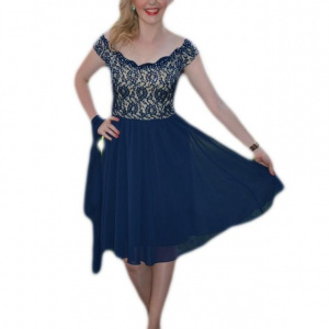 Rochie scurta de seara, de culoare bleumarin, cu decor de pietre