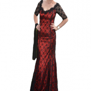 Rochie sofisticata, de ocazii, lunga, culoare rosie cu dantela neagra