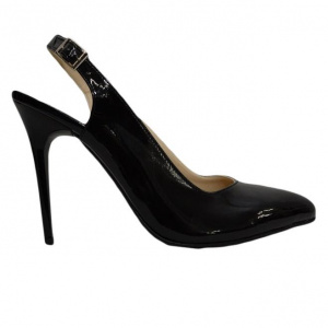 Sanda casual-elegant cu toc inalt, de culoare neagra, lucioasa