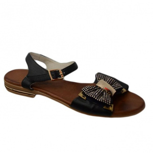 Sandale fara toc, din piele accesorizate cu o fundia cu strasuri auri