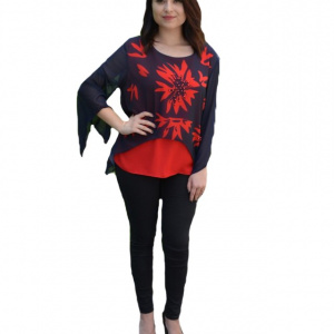 Bluza Adriena de ocazie ,model floral,nuanta rosu-bleumarin