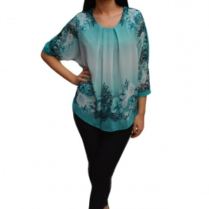 Bluza feminina cu imprimeu floral si aplicatii de strasuri, turcoaz